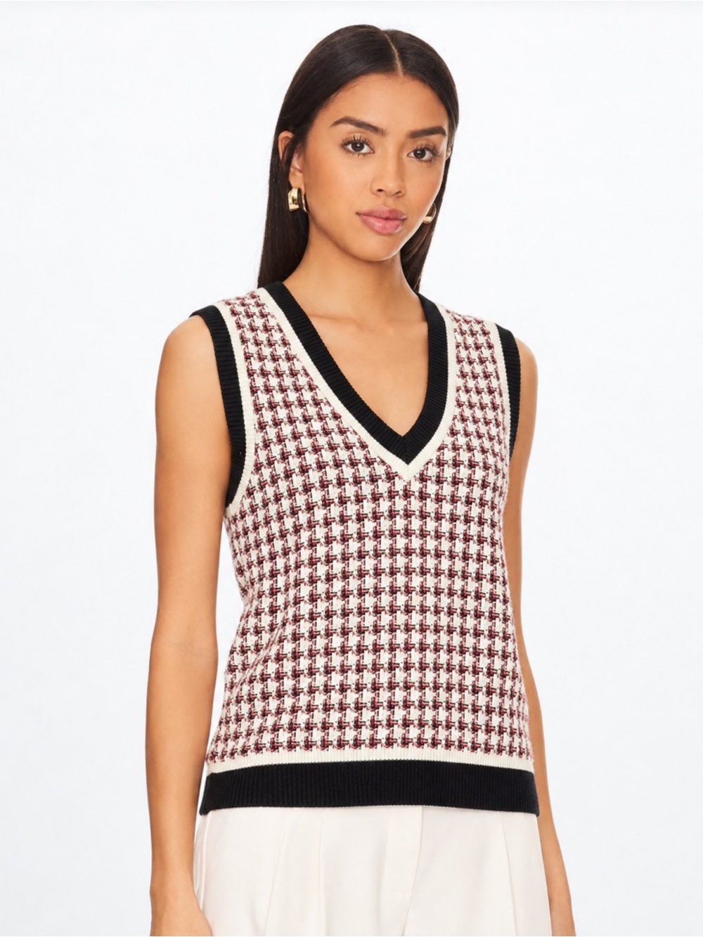 Zara Tweed Knit V-Neck Sweater Vest Black Pink Ivory Size Small